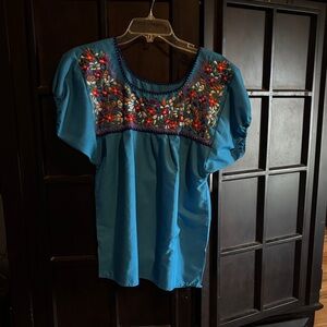 Blue Embroidered Scoop-Neck Women's Top